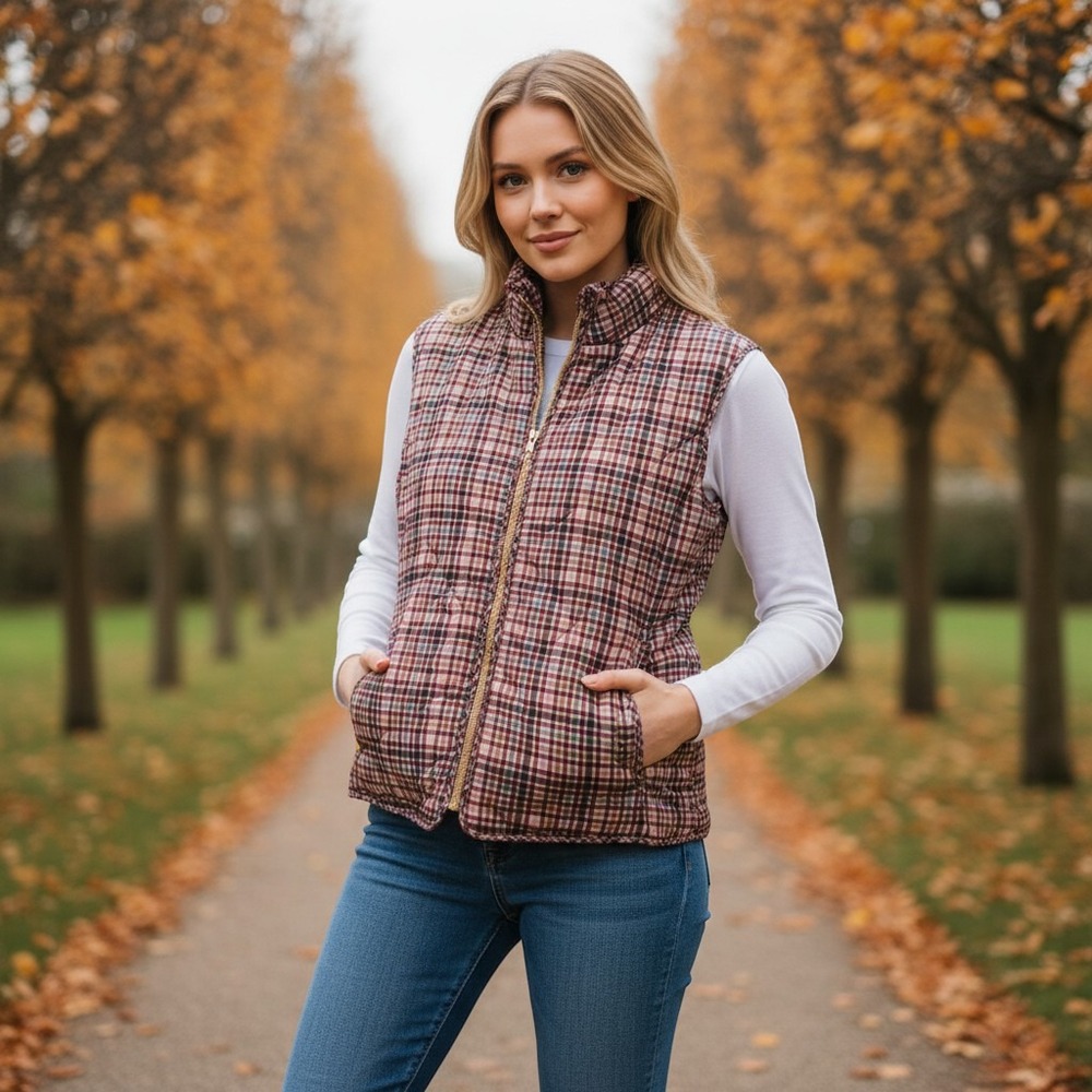 St. John's Bay Puffer Vest Womens XL Neutral Check Quilted Plaid Zip New